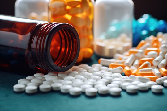 Pills spilling out of pill bottle on dark background. Focus on foreground, soft bokeh, An open bottle of prescription opioids with many bottles of pills in the background, AI Generated