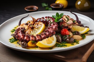 Seafood Grilled Octopus Salad with Lemon and Olives, Appetizing dish with grilled octopus and lemon, AI Generated
