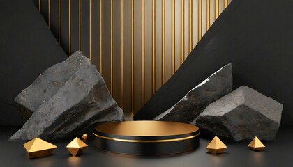 black and gold geometric stone and rock shape background minimalist mockup for podium display or showcase generative ai