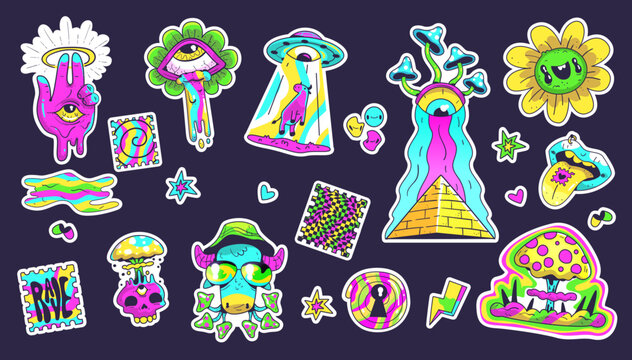 Naklejki Psychedelic trendy stickers. Weird surreal sticker, trippy abstract art cartoon unusual design, comic character face hipster flowers acid colors, doodle classy vector illustration