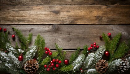 Fototapeta na wymiar holiday evergreen branches and berries over rustic wood background