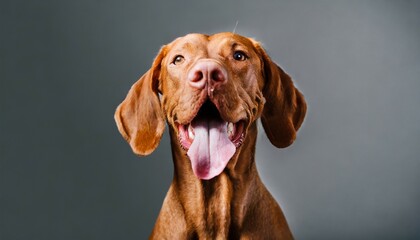 funny dog shows tongue hungarian vizsla on a white background