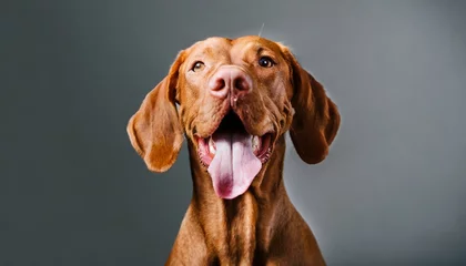 Fotobehang funny dog shows tongue hungarian vizsla on a white background © Art_me2541