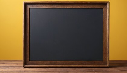 
Empty blackboard with wooden frame on wooden table over yellow background.