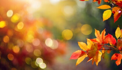 sunny colorful fall season leaves on blurry bokeh copy space background selective focus used