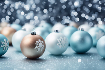 blue christmas balls on snow