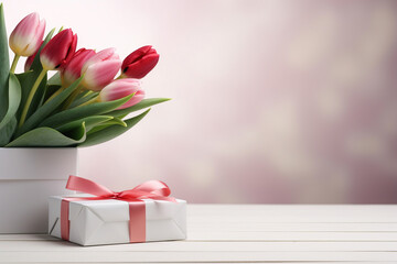 Beautiful gift box with bow and pink tulip flowers on white wooden table, space for text
