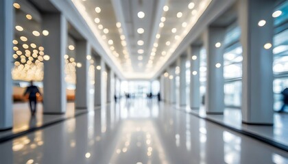 blurred defocused bokeh background of exhibition hall or convention center hallway business trade...