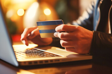 Online shopping: Person using credit card and laptop