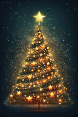 Golden Christmas tree with bokeh and glitter