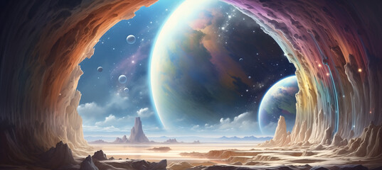 Outer space travel and exploration to a uninhabited new world - surreal landscape view from inside cavern with giant exoplanet moon view on the horizon with stars - sci-fi fantasy dreamscape. 