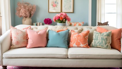 Mismatched throw pillows added a touch of whimsy to the neatly arranged sofa.

