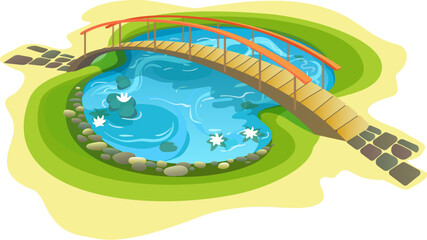 Garden pond with arched bridge