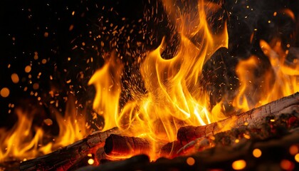 fire flames with sparks on a black background close up
