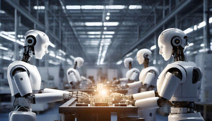 Fototapeta na wymiar Humanoid robots working in factory environment