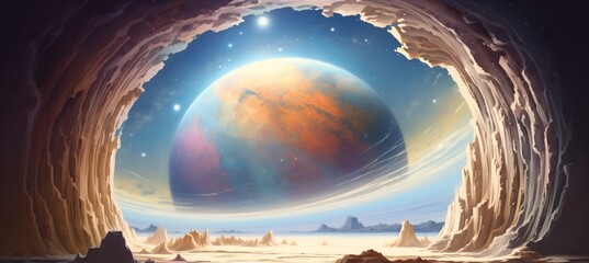 Outer space travel and exploration to a uninhabited new world - surreal landscape view from inside cavern with giant exoplanet moon view on the horizon with stars - sci-fi fantasy dreamscape. 