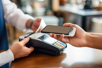 Customer making a mobile payment on a card machine