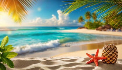 Fototapeta na wymiar summer sandy beach with blur ocean on background