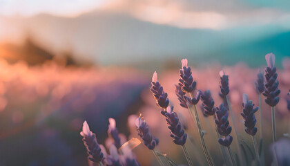 Lavender field in hazy summer afternoon light - obrazy, fototapety, plakaty