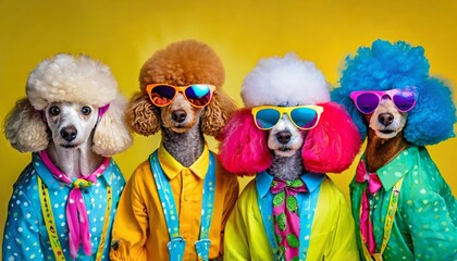 creative animal concept poodle dog puppy in a group vibrant bright fashionable outfits on solid background advertisement copy text space birthday party invite invitation banner - obrazy, fototapety, plakaty