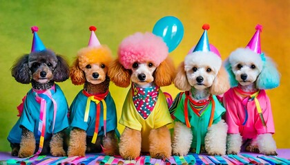 creative animal concept poodle dog puppy in a group vibrant bright fashionable outfits on solid background advertisement copy text space birthday party invite invitation banner