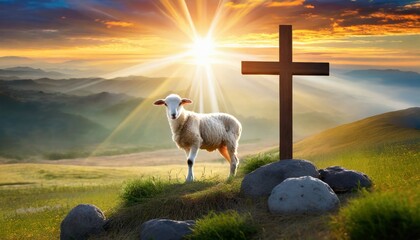resurrection of jesus christ concept god lamb in front of the cross of jesus christ on sunrise...