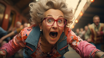 Obraz premium Grandma riding a bike going really fast. Action shot. Colorful. Concept of vitality, adventure, and the vibrant energy of staying active and enjoying life at any age.