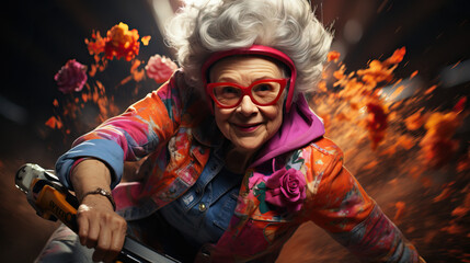 Grandma riding a bike going really fast. Action shot. Colorful. Concept of vitality, adventure, and the vibrant energy of staying active and enjoying life at any age.