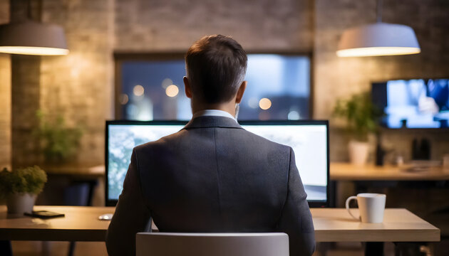 Businessman In Office Looking At Multiple Computer Screens