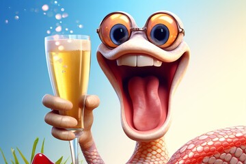 Happy smiling snake celebrating new year event with glass of sparkling champaign