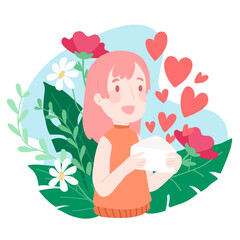 Loving, Send love letter concept, Girl holding love envelope with heart coming out with flower in back vector illustration flat design