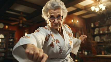 Obraz premium Grandma in karate robes training in a dojo. Concept of active lifestyle, martial arts dedication, and breaking stereotypes with the timeless pursuit of physical and mental well-being.