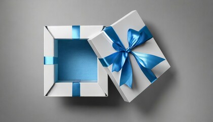 blank open white gift box with blue bottom inside or top view of opened blue present box with blue ribbon and bow on gray background with shadow minimal concept 3d rendering