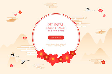 Simple and elegant oriental traditional banner composed of mountain, lampion, flowers, birds, clouds. Oriental elements background for web, promotion, cover, flyer, poster and card. - obrazy, fototapety, plakaty