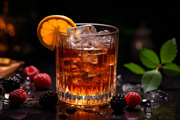 A vintage mixed drink, garnished with orange and blackberry, is seen on a dark surface with ice cubes.