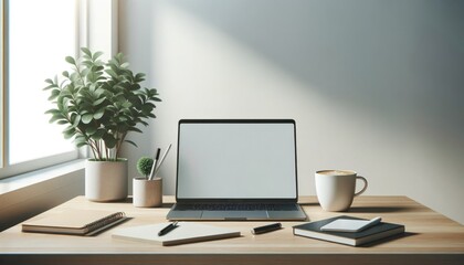 Modern workspace with a sleek laptop, potted plant, notepad, pen, and coffee on a wooden desk, minimalist background with natural light.
