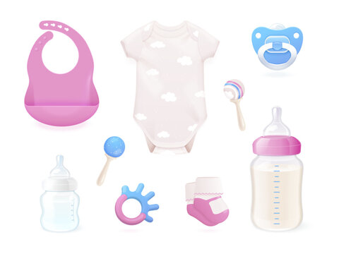 Realistic baby products. Babies care product infant hygiene and newborn accessories, 3d bib dairy bottle for kids nutrition, plastic dummy