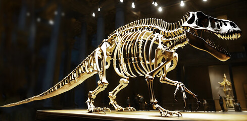 skeleton of a Tyrannosaurus rex dinosaur in museum. T-Rex Tyrannosaurus Rex Dino Skeleton. fossil skeleton of dinosaur king tyrannosaurus rex. night at the museum with many people. Ai generated