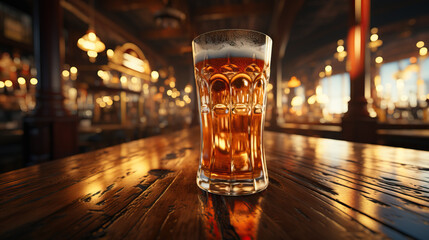 Glass of beer on a wooden table in a bar. Concept of socializing, relaxation, and the convivial atmosphere of enjoying a cold beverage in a cozy setting. - obrazy, fototapety, plakaty