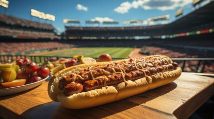 Hotdog sitting on a table with a baseball field stadium in the background. Concept of classic ballpark snacks, sports enjoyment, and the iconic pairing of hotdogs with the thrill of a baseball game. - obrazy, fototapety, plakaty