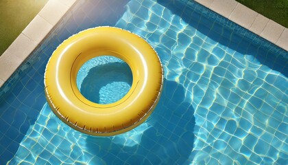 inflatable ring floating in swimming pool on sunny day top view with space for text - obrazy, fototapety, plakaty