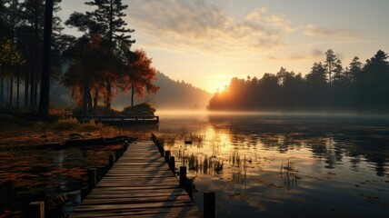 Peaceful Dawn at the Forest Lake
