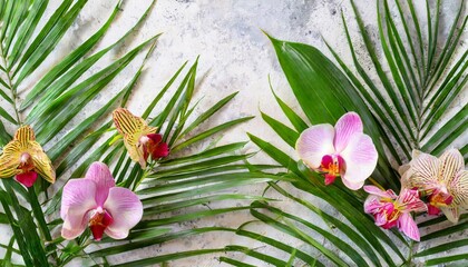 summer background with tropical orchid flowers and green tropical palm leaves on light background flat lay top view