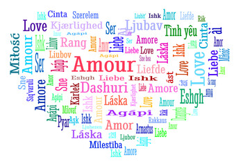 Fototapeta na wymiar Word cloud with the word love in different languages (for example: amour, liefde, amor, liebe, amore, Agápi) on white background. Different shades of red, orange, pink, blue, purple and green 