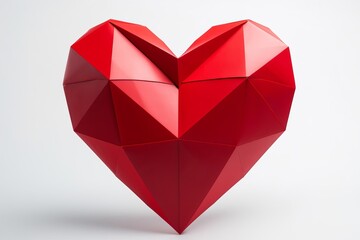 3D red heart in japan origami style. Paper heart on white background