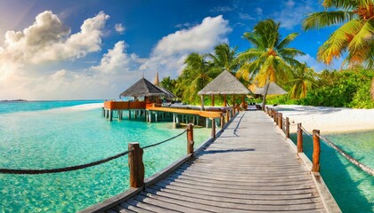 maldives island beach panorama palm trees and beach bar and long wooden pier pathway tropical vacation and summer holiday background concept - obrazy, fototapety, plakaty