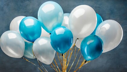 bunch of blue latex white round balloons composition for birthday or valentines day party isolated