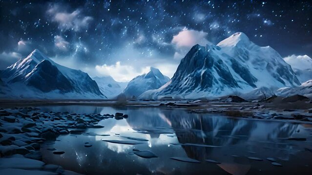 Nature scenery. Milky Way above frozen sea coast and snow covered mountains in winter at night. anime or cartoon watercolor illustration motion graphic style
