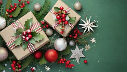 season s greetings scene top view of boxes tied with bows christmas decorations balls rustic star holly berries frosty spruce branches confetti on green backdrop perfect for messages or promo