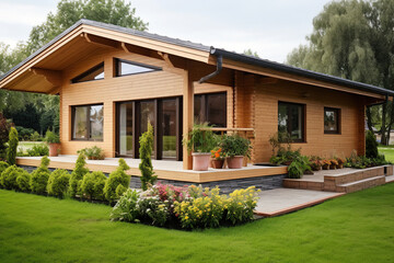 Fototapeta na wymiar Design of wooden modern cozy house in the forest